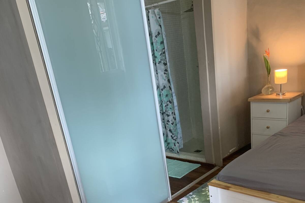 Desk, laptop workspace, blackout curtains, free WiFi