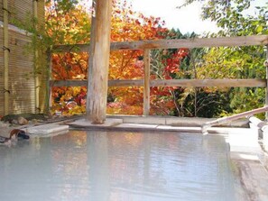 A hot spring area with a wooden fence, a wooden post, and a stone pathway.