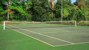A tennis court with a net, surrounded by trees.