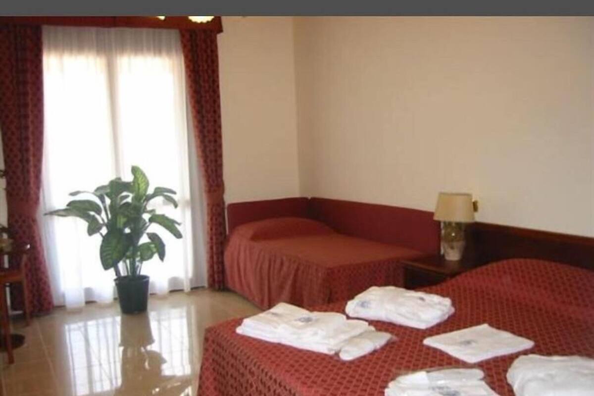 Une chambre d’hôtel avec deux lits, une plante en pot et une table de chevet avec une lampe.