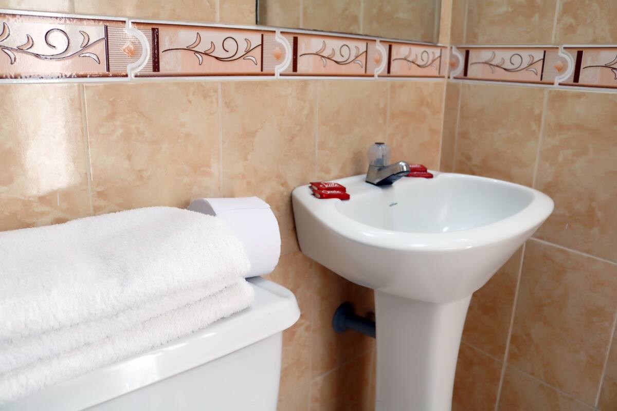 A bathroom with a white sink, a toilet, and a towel rack.