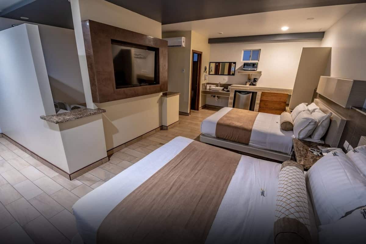 Una habitación de hotel con dos camas, una kitchenette, un televisor y un baño.