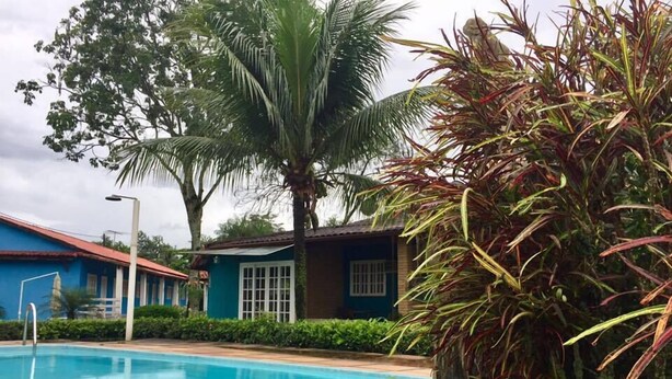 Una piscina rodeada de exuberante vegetación y un edificio azul con techo rojo.
