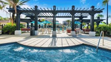 2 outdoor pools, open 9:00 AM to 10:00 PM, pool umbrellas, pool loungers
