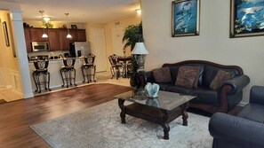 Flat-screen TV, video game console, DVD player, iPod dock