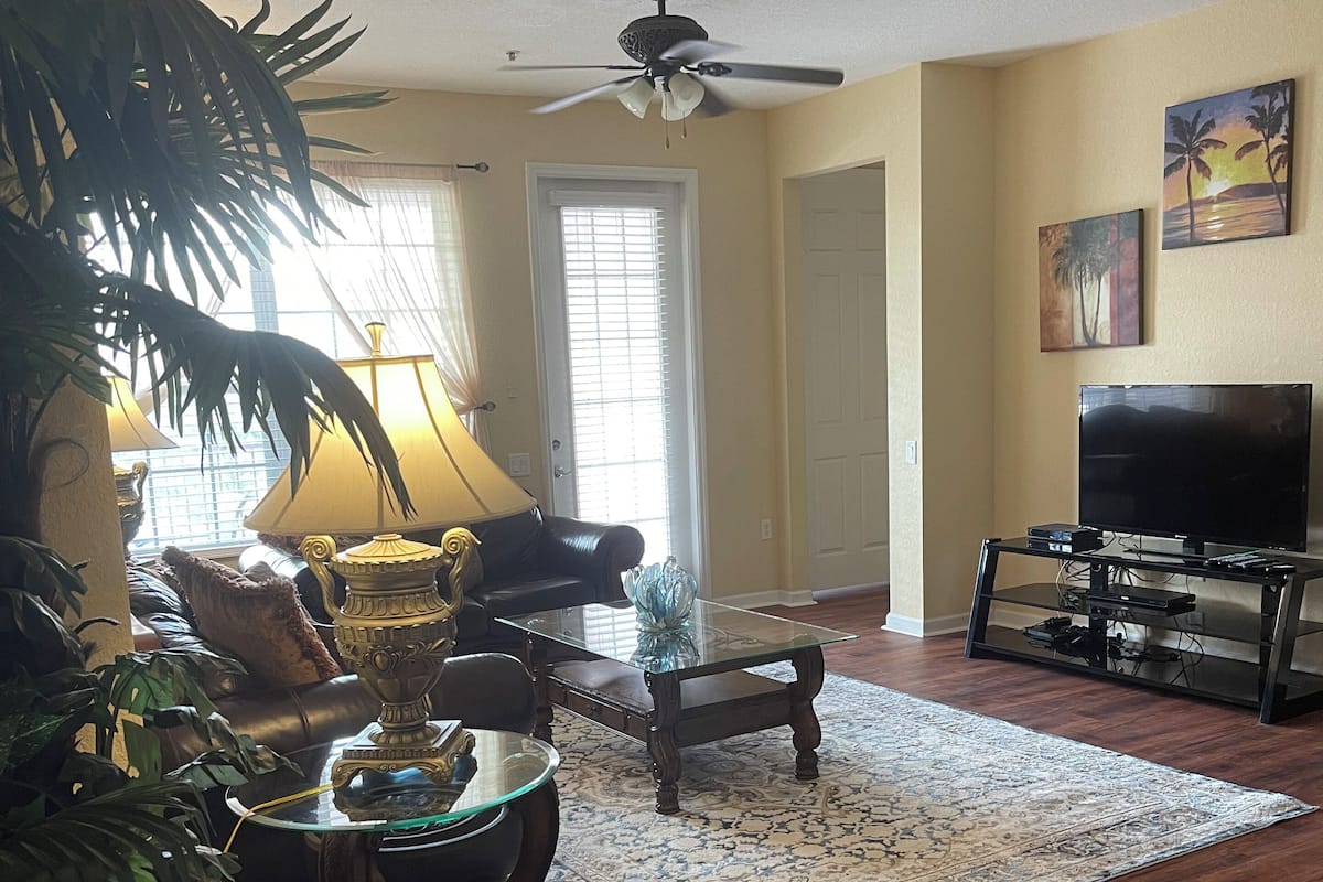 Flat-screen TV, video-game console, DVD player, iPod dock