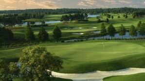 A golf course with a water hazard, sand bunkers, and a flagstick. - Executive 3 Br Villa @Universal / Vista Cay/Conv.Center (Orlando)