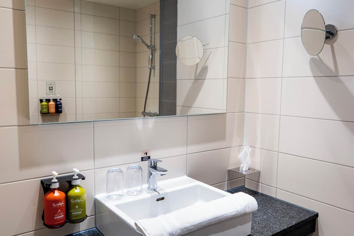 shower, rainfall showerhead, free toiletries, hair dryer