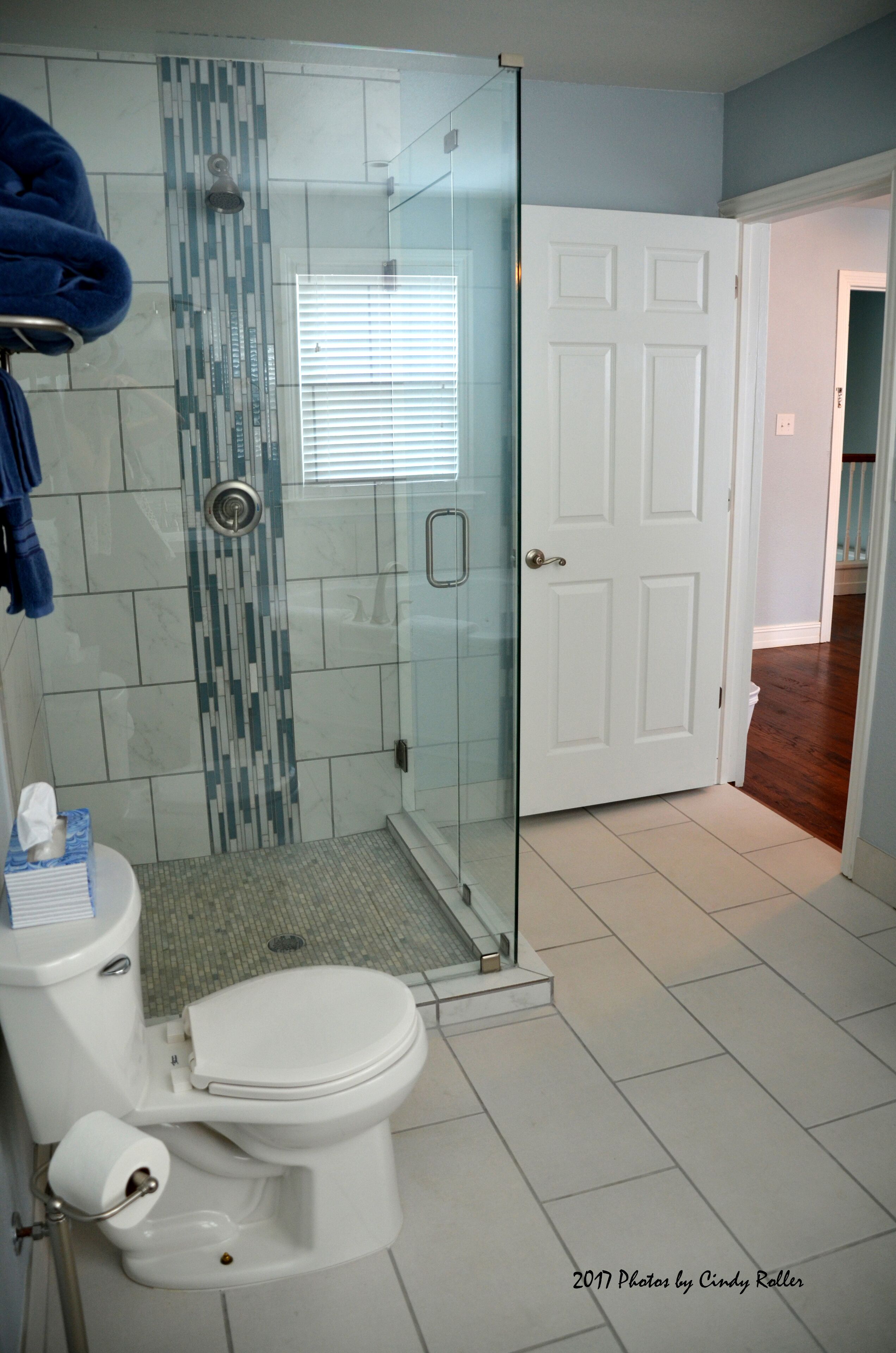 Un baño con ducha acristalada, inodoro y puerta blanca.