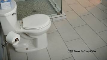 Un baño con ducha acristalada, inodoro y puerta blanca.