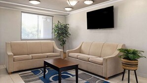 Un salon avec deux canapés beige, une table basse, un téléviseur fixé au mur, une plante en pot et une fenêtre avec des stores.