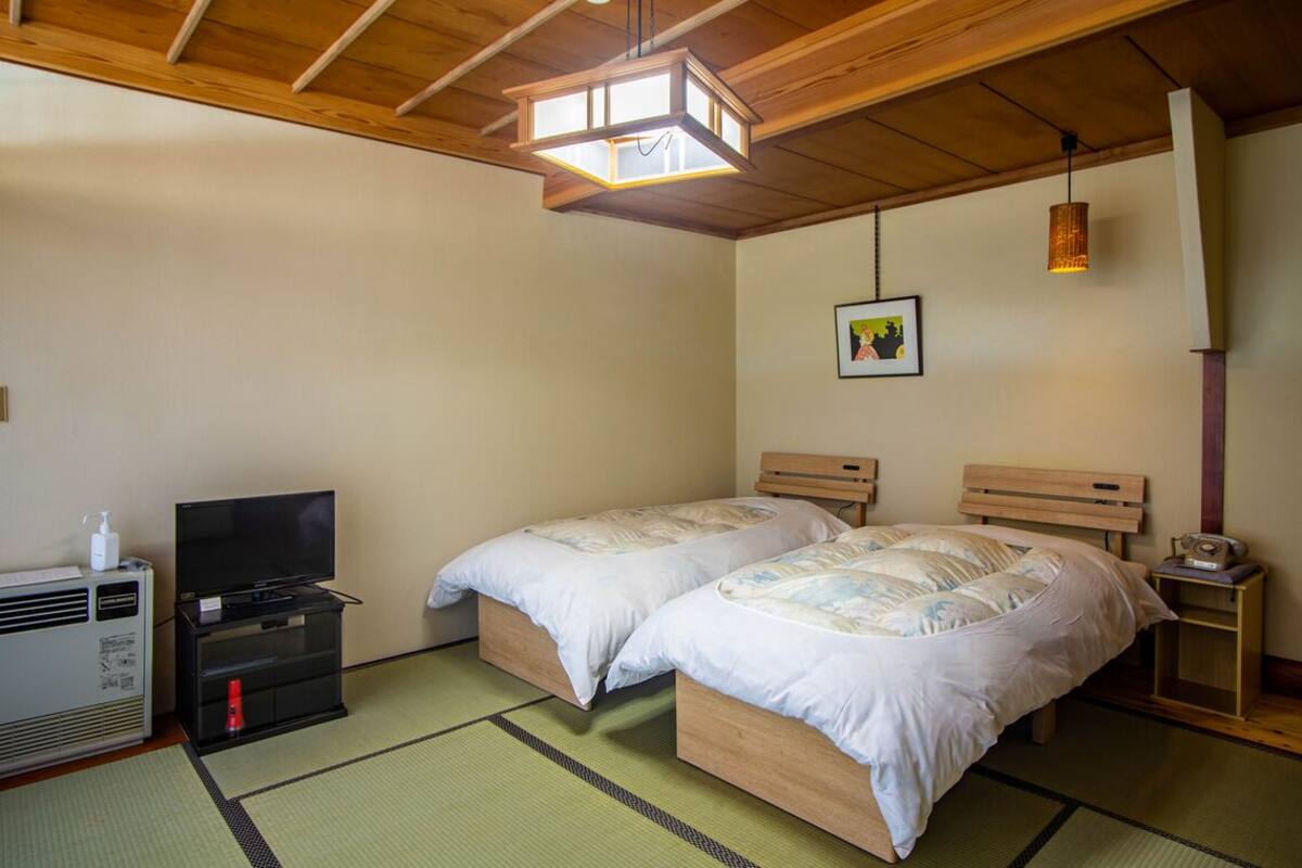A room with two beds, a television, a heater, and a picture on the wall.