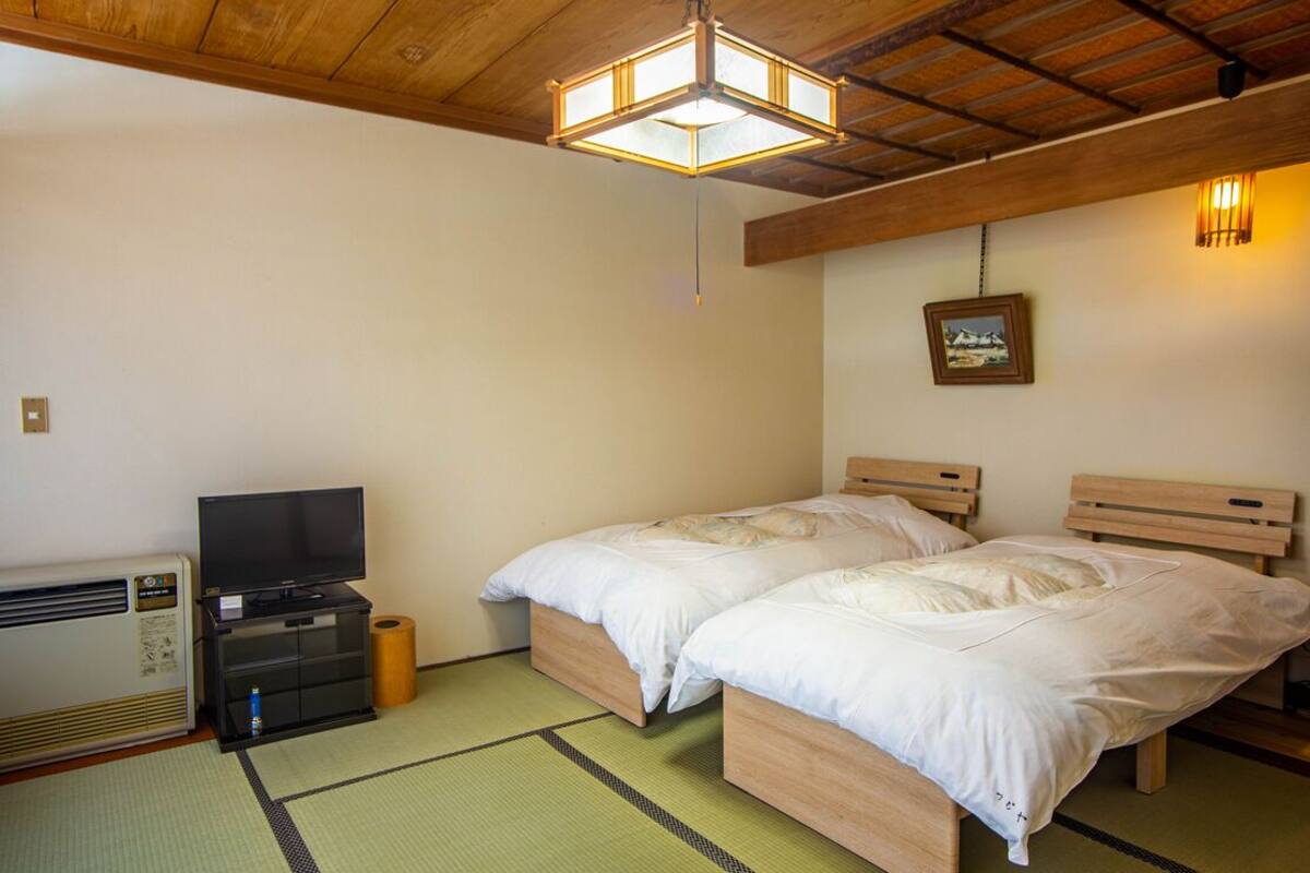 A room with two beds, a television, a heater, and a picture on the wall.