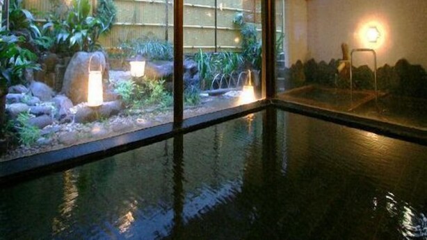Una habitación con pared de vidrio, fuente de agua y pequeño jardín con plantas y rocas.