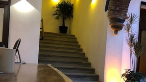 Un escalier avec des marches en bois menant à un palier où se trouve un pot de fleurs.