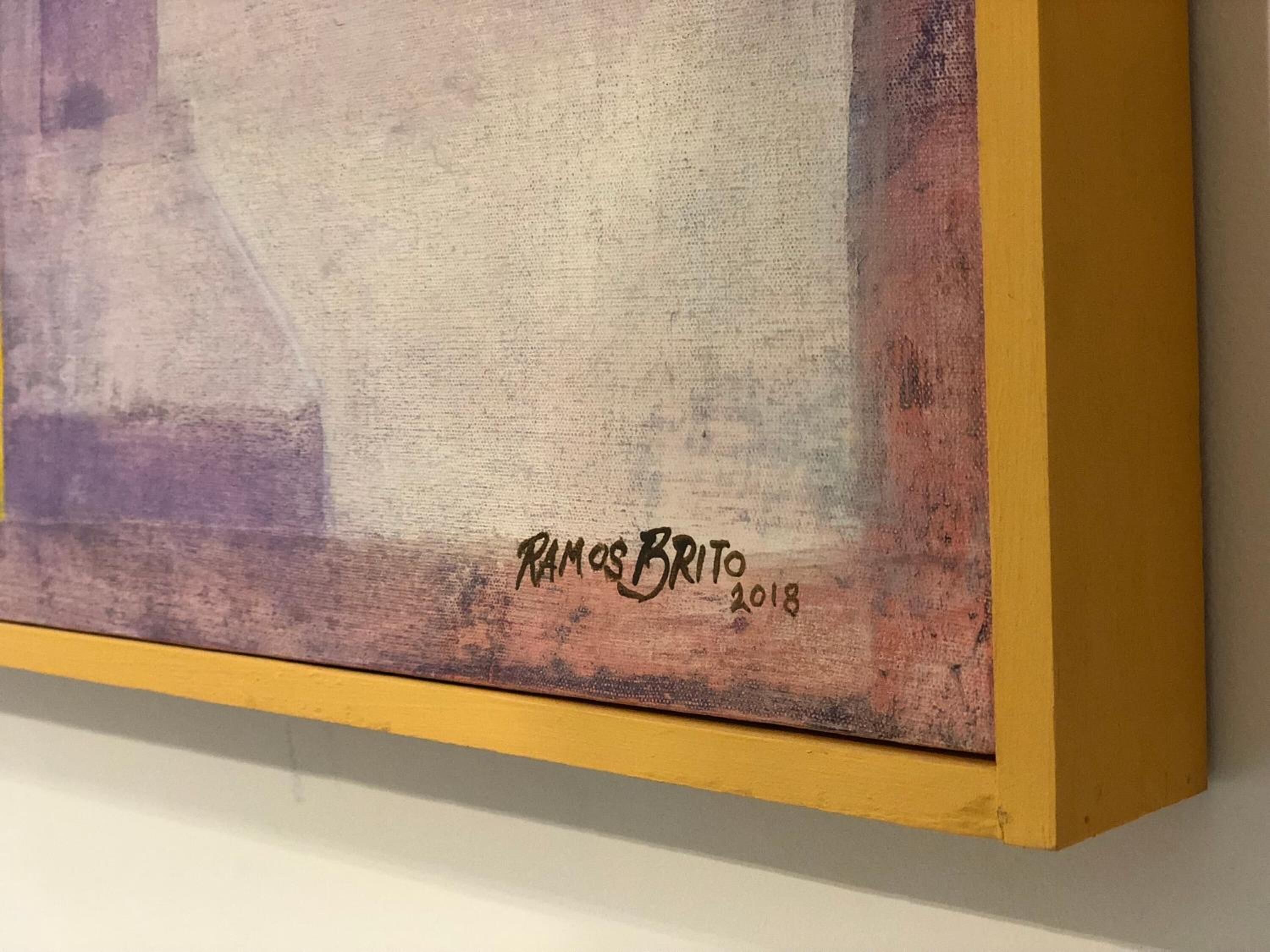A painting with a textured surface and a signature at the bottom.