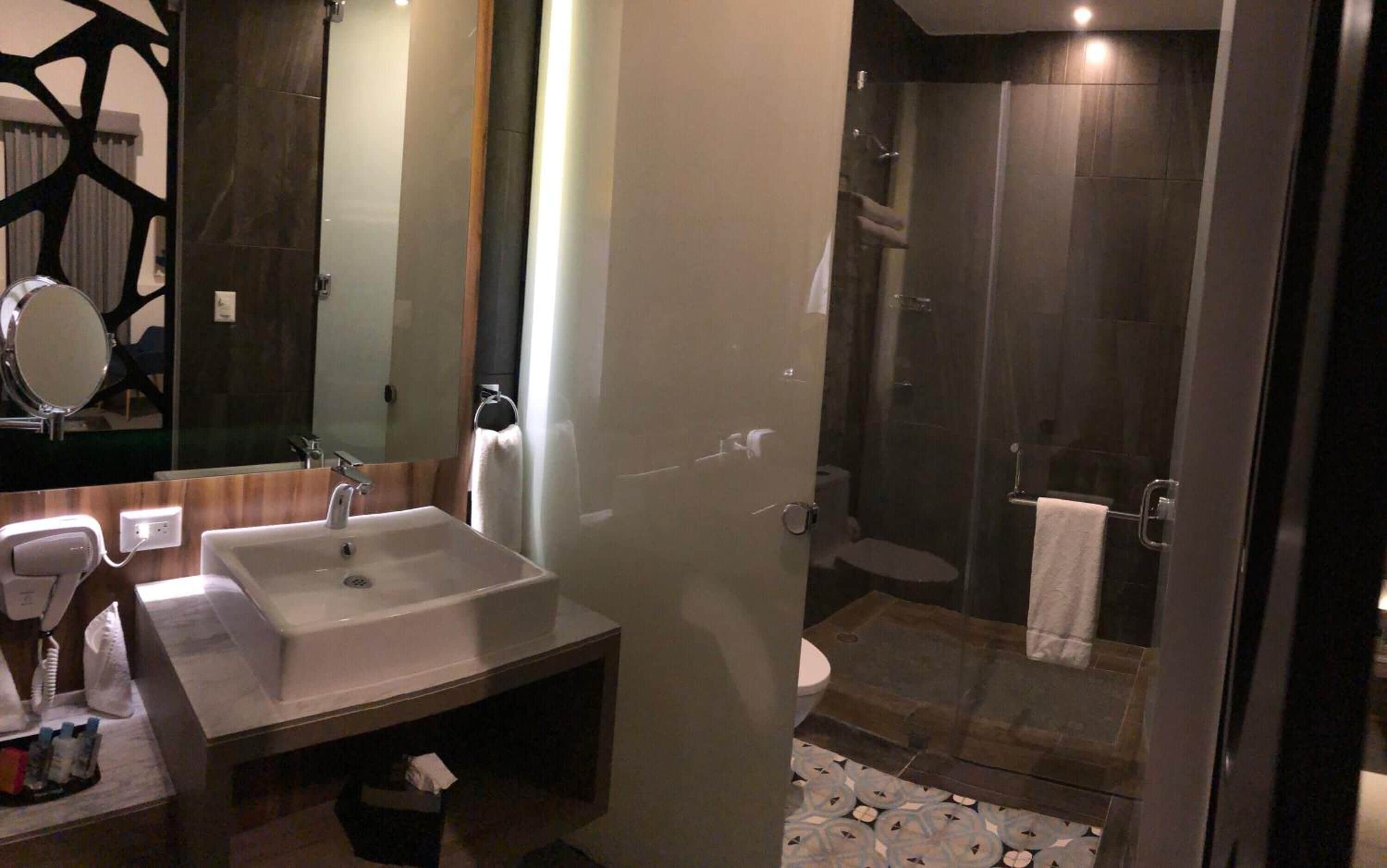 A modern bathroom with a large sink, mirror, and shower area.