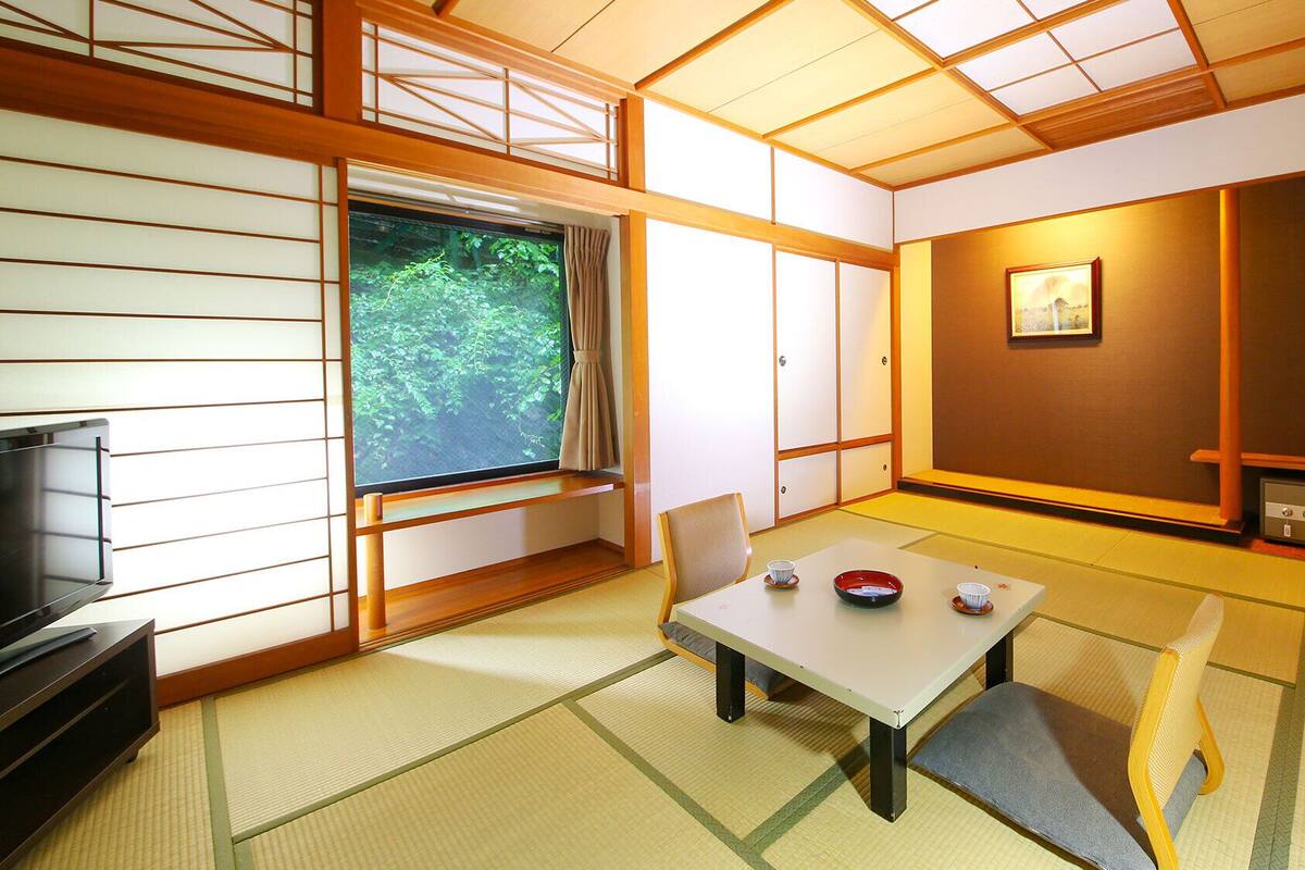 A traditional Japanese room with tatami flooring, a television, a table with a tea set, and a view of greenery through a window.