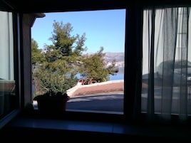 A window with a view of a paved area, trees, and a body of water.
