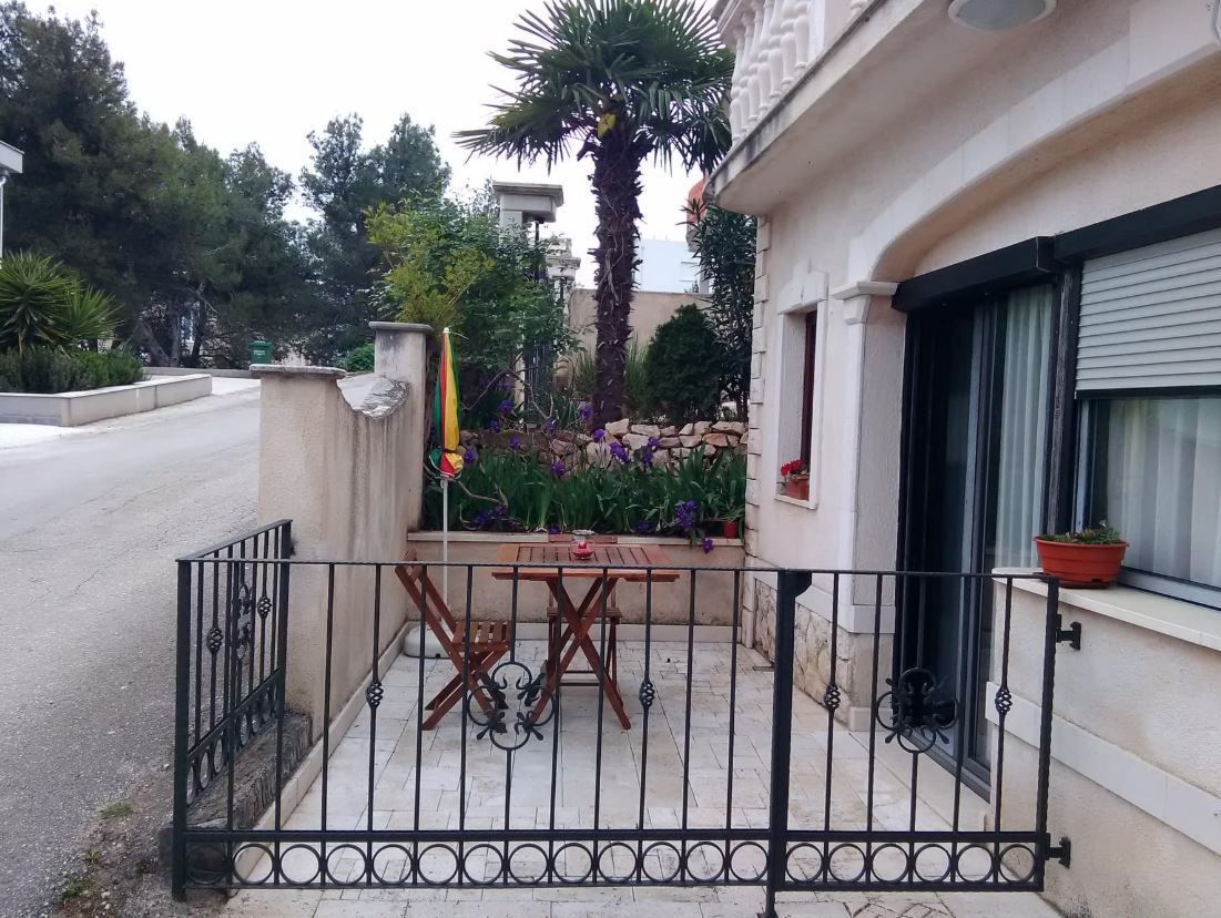 A gated patio with a wooden table and chairs, surrounded by potted plants and a palm tree.