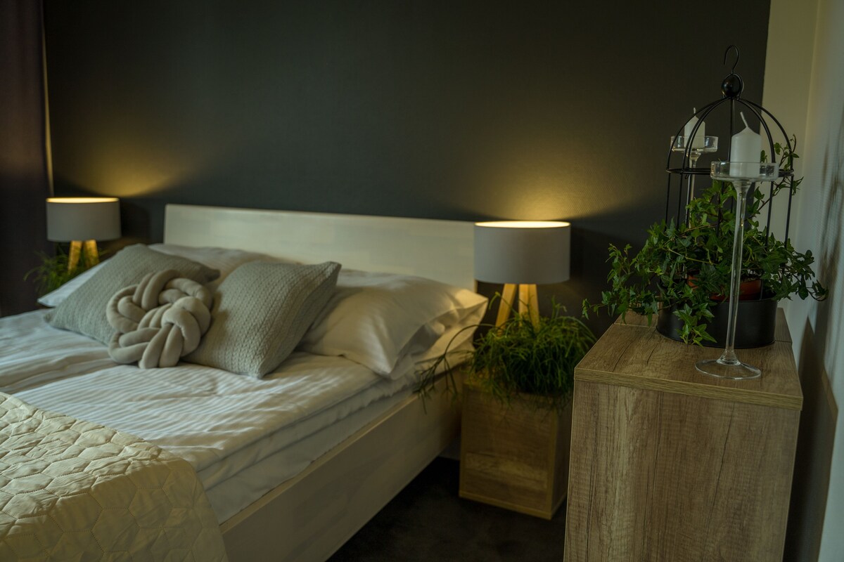 Una cama bien tendida con edredón blanco y almohadas, dos lámparas de noche, una mesita de noche de madera con una planta en maceta y una lámpara de pared.
