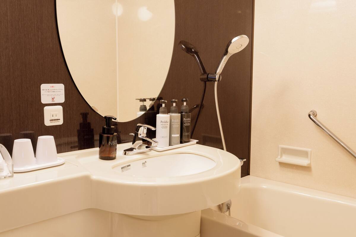 combined shower/bathtub, free toiletries, hair dryer, slippers