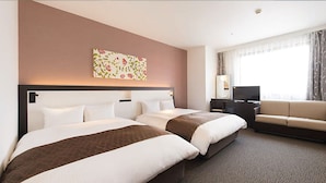 A hotel room with two beds, a sofa, a TV, and a painting on the wall. - Osaka Airterminal Hotel (Toyonaka)