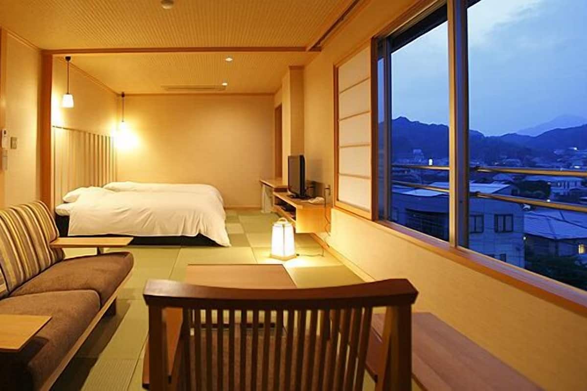 A room with a bed, a sofa, a small table, and a TV. There is a window with a view of buildings and mountains.