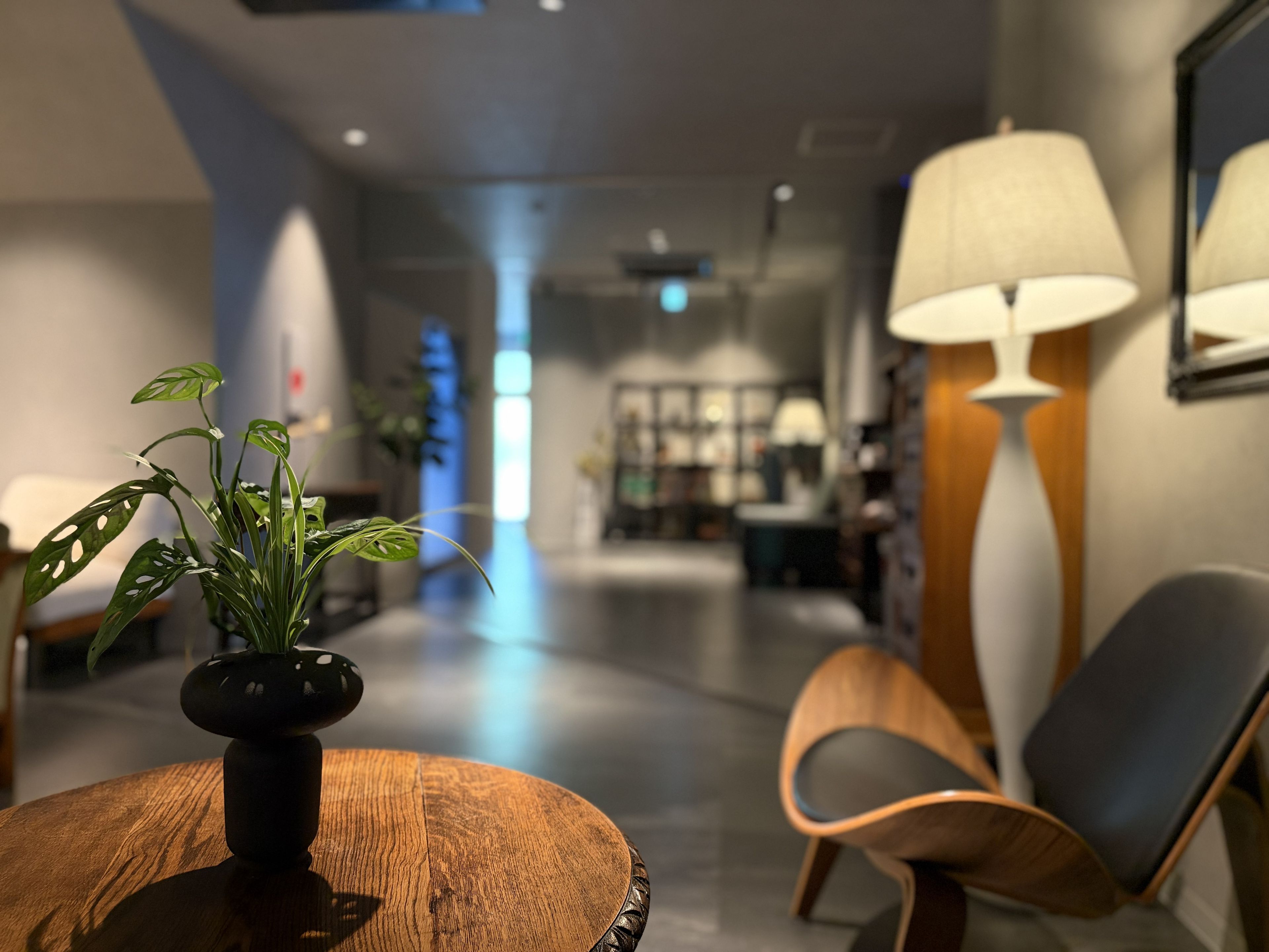 Un hall d’hôtel moderne avec une table en bois, une plante en pot et un espace détente avec des fauteuils.