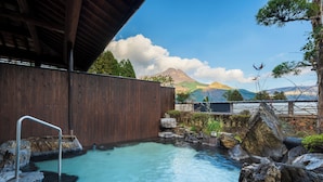 A hot spring area with wooden walls, a metal ladder, and a view of mountains. - Ryokan Hachisunoito (Yufu)