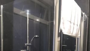 Un área de ducha con mampara de vidrio, cabezal de ducha manual y grifo manual.