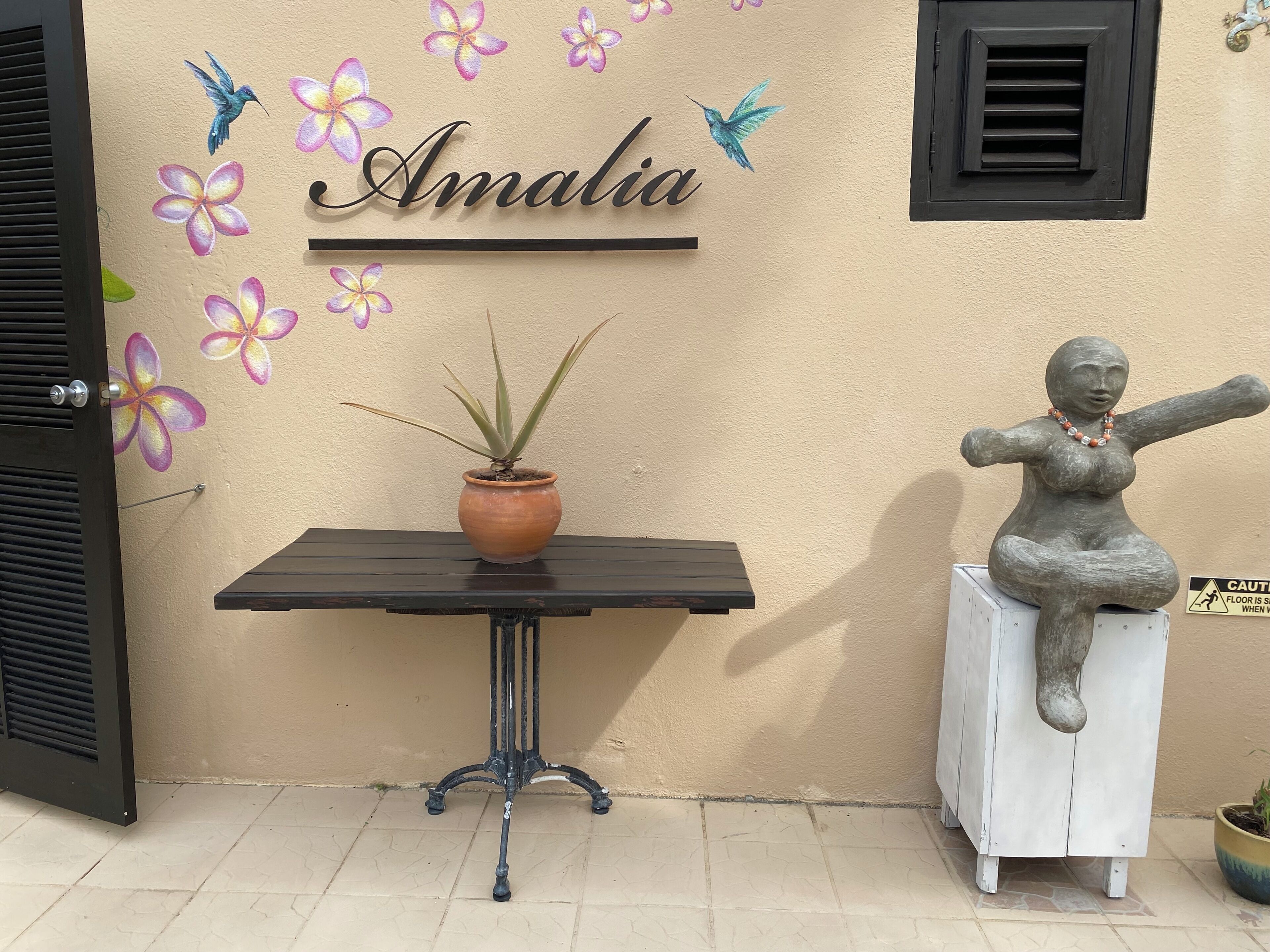 Een muur met de naam 'Amalia' en een plant in een pot op een tafel.