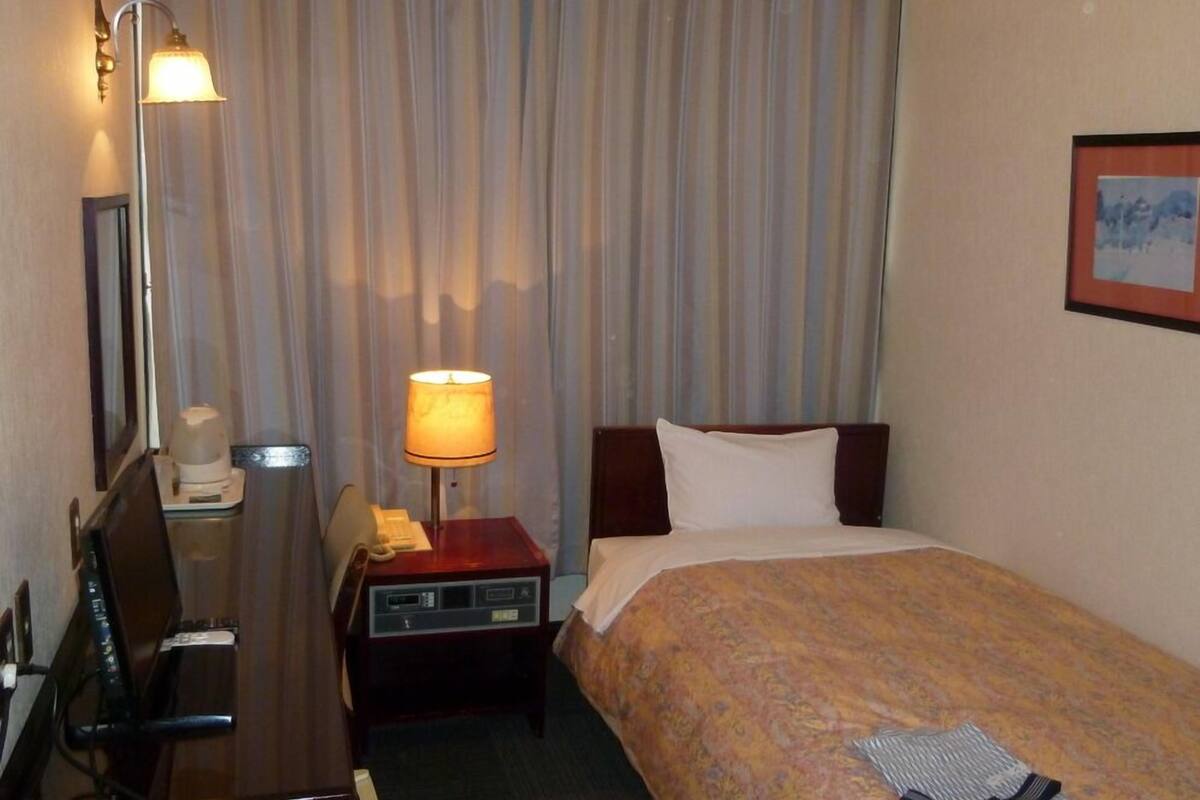 A hotel room with a bed, a desk with a telephone, a lamp, and a picture on the wall.