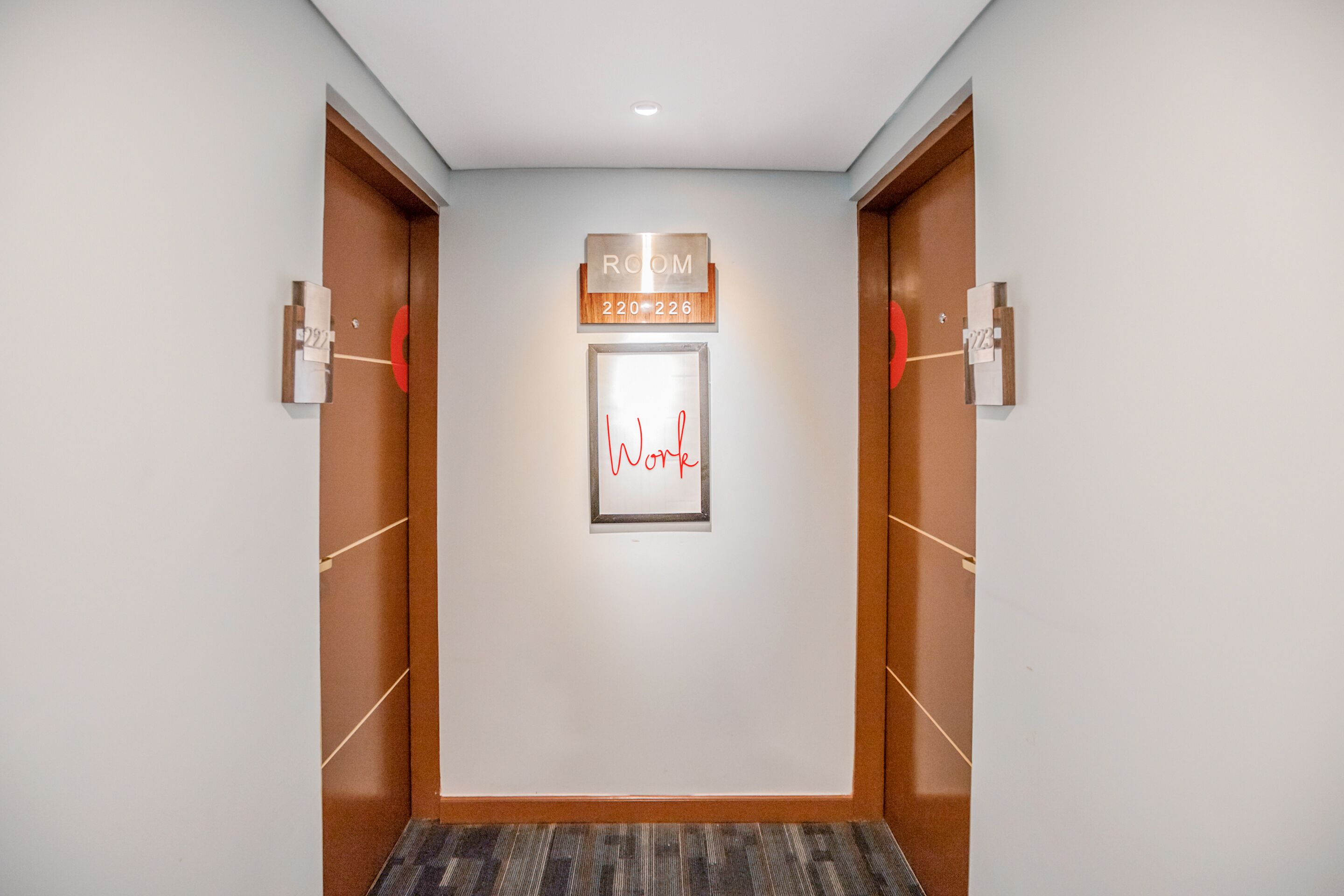 A hallway with two wooden doors, a sign indicating 'ROOM 220-226', and a framed artwork with the word 'Work'.