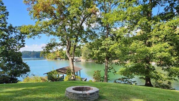 Un'area verdeggiante con un focolare in pietra, una struttura in legno e un lago sullo sfondo.