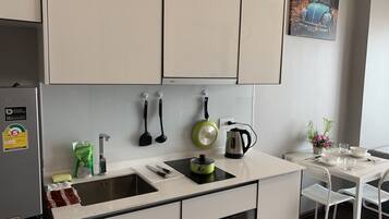 Fridge, microwave, electric kettle