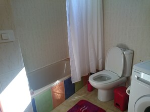 Combined shower/bathtub, hair dryer, towels, soap