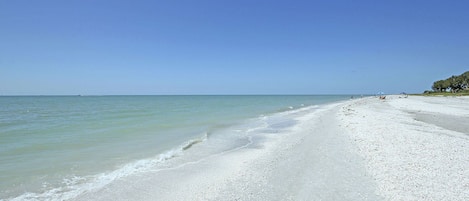 Nära stranden och parasoller