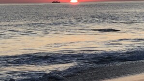 A sunset over a calm sea with a boat in the distance. - Beautiful Carriage House on the Chop (Oak Bluffs)