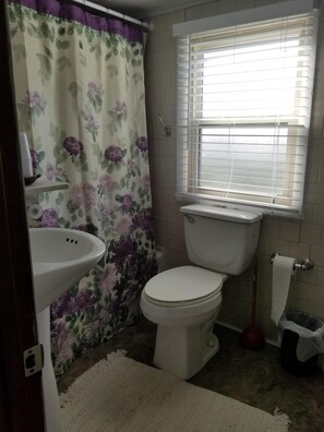 A bathroom with a toilet, a sink, a window with blinds, and a shower curtain with a floral pattern. - The old rock house!! (Holts Summit)