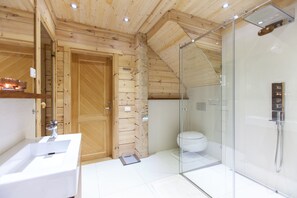 Combined shower/tub, jetted tub, hair dryer, towels