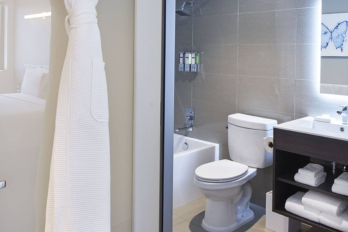 combined shower/bathtub, hair dryer, bathrobes, towels