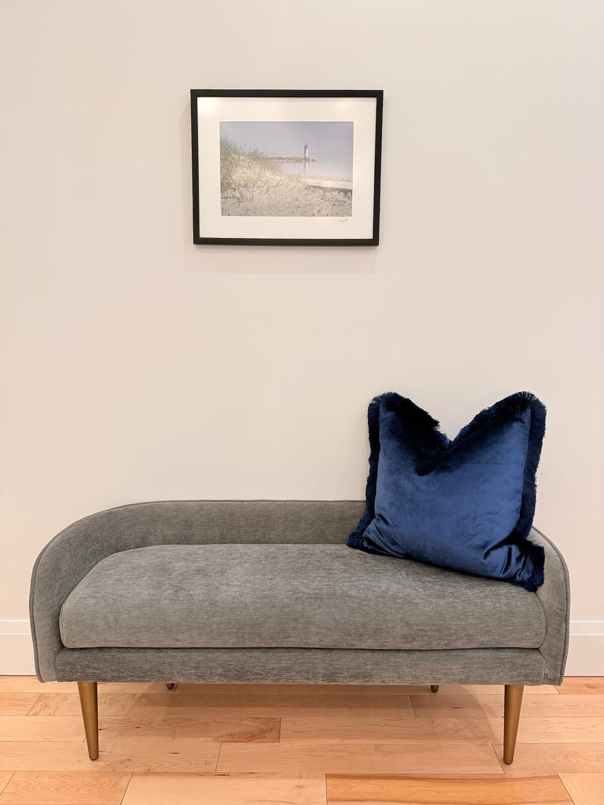 A grey sofa with a dark blue cushion against a plain wall, with a framed picture above it.