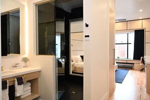 Luxury Room 2 | Bathroom | Designer toiletries, hair dryer, bathrobes, heated floors - Cribs on Main (Prince Edward)