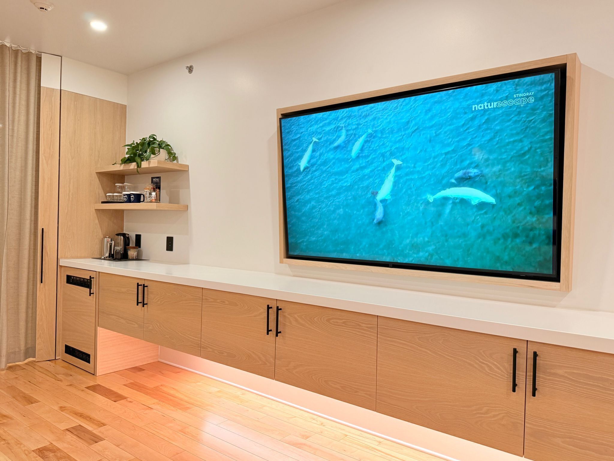 Un salón moderno con un televisor de pantalla plana grande montado en la pared, mostrando una escena natural. Hay un mueble de madera con una cafetera integrada y un estante pequeño con objetos decorativos.