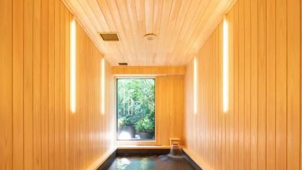 Een houten interieur met een centraal waterpartij en uitzicht op groen buiten.