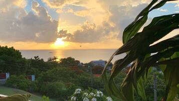 A view of the sunset over the ocean with a house and greenery in the foreground.