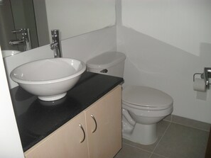 Bathroom features a sink, toilet, and mirror.