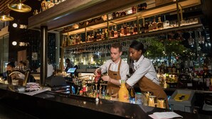 A bar with shelves of liquor bottles and glasses, a cash register, and a bar counter. - Crystalbrook Bailey (Cairns)