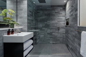 Eco-friendly toiletries, hair dryer, bathrobes, towels